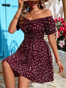 SHEIN VCAY Vestido de playa para mujer de talla grande con hombros descubiertos, volantes y cintura alta, para verano - Burdeos - Ver 3
