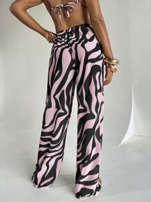 Aloruh 女士斑马印花低腰阔腿裤，沙滩装 - 粉色 - 查看 2
