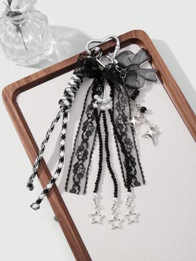 Kawaii 1 pièce Porte-clés/support de sac de style gothique fait main avec perles noires en cristal de verre, étoile creuse en acrylique, nœud en corde tressée. Accessoire élégant et à la mode convenant aux femmes, idée de cadeau.