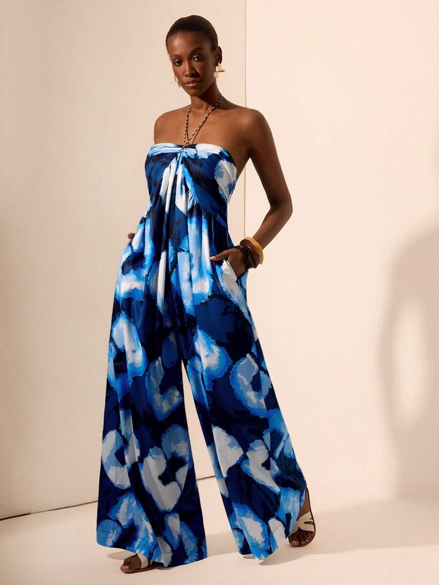 Zivah 2025 春夏新品 音乐节、复活节、圣帕特里克节、西部风、游牧风、生日派对、毕业季、学院风、学生装、日常外出、基础百搭、休闲、度假、邮轮旅行、海滩、日光浴、网络爆红、街头服饰、婚礼宾客装、通勤 无袖彩色绳露肩蓝白扎染几何印花口袋连体裤 - 藍色 - 查看 1