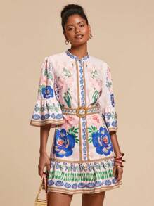 Travachic 女式波西米亚印花喇叭袖短裙，时尚度假装，女士度假装，女士度假装，海滩度假装，女士夏季装，女士夏季连衣裙，女士连衣裙，夏季连衣裙，女士太阳裙，女士优雅连衣裙