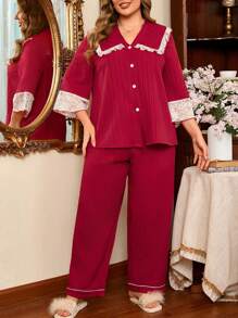 Plus Size Women Elegant French Style Lace Patchwork Contrast Color Loose Top & Pants Pajama Set, Fall Clothes, Cozy Outfit, For Christmas