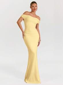 SHEIN BAE Váy đuôi cá dài trễ vai lệch vai màu hồng nhạt cho kỳ nghỉ hè trên bãi biển, thích hợp cho hẹn hò hàng ngày, đi chơi đêm, hộp đêm, tiệc tùng, tụ tập, tiệc cocktail, tiệc hồ bơi, váy mùa tựu trường, váy mùa tựu trường, váy ngày lễ, váy lễ hội âm nhạc, váy lễ hội nhạc đồng quê, váy hòa nhạc - Màu vàng - Xem 9