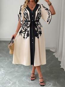 Elenzga فستان بياقة على شكل حرف V وأكمام مُنفرجة وخصر ضيِّق مزخرف بطباعة زهور عتيقة، موضة الربيع/الصيف - لون مشمشي - مشاهدة 6