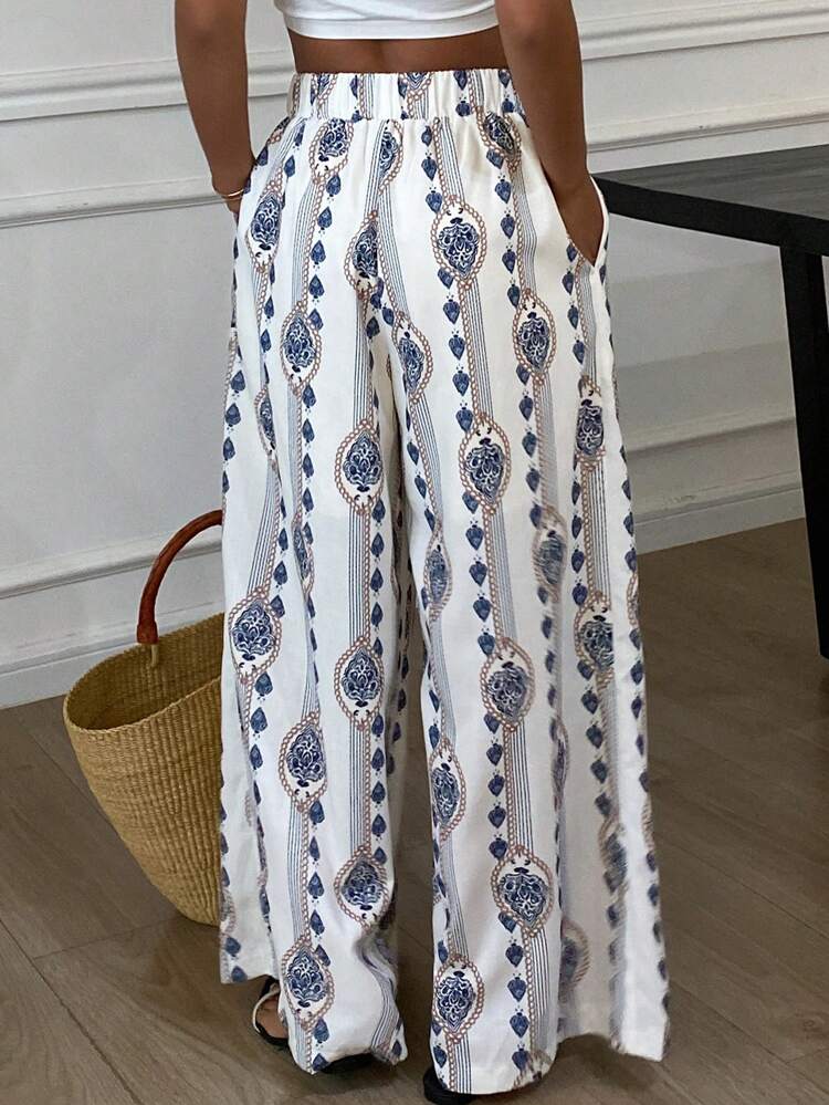 Women's Floral Print Elastic Waist Wide Leg Casual Pants, Summer