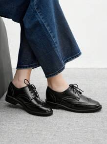 CUCCOO BIZCHIC 圆头黑色牛津鞋系带平底乐福鞋女士休闲工作鞋