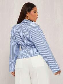 SHEIN SXY Camisa tejida a rayas con cordón elástico, elegante y sexy para uso diario y de oficina, adecuada para uso casual, cruceros, festivales de música, conciertos y fiestas de carnaval, talla grande para mujeres, primavera y verano