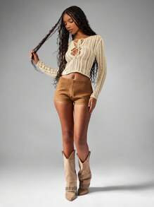 MISSGUIDED Laddered Knit Plunge Crop Sweater Long Sleeve Winter Fall Lace Up Fashion Cropped Knitted Top