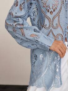 Dazy-Less 轻盈蕾丝提花宽松休闲商务办公女装衬衫，夏季、秋季女装长袖上衣 - 藍色 - 查看 4