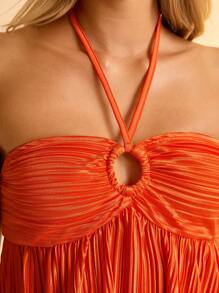 CAJUNI 女式夏季波西米亚风橙色褶皱面料休闲度假沙滩抹胸短款上衣 - 橘色 - 查看 5
