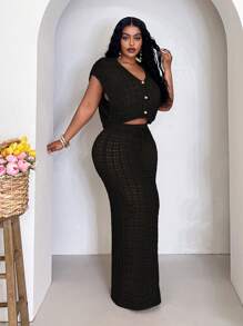 Slaydiva Plus Size Summer Casual Solid Color Hollow Out Knitted Vest And Skirt Set Plus Size Skirt Set Plus Size 2 Pieces Set 2 Pieces Sets Curvy Curve Skirt Set Plus Size Crochet Skirt Set,Teacher Outfits For Women In Fall/Winter