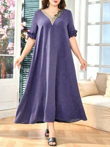 Lacomfia Vestido largo de estilo árabe con cuello redondo, manga corta, y volantes en talla grande de unicolor - Morado - Ver 5