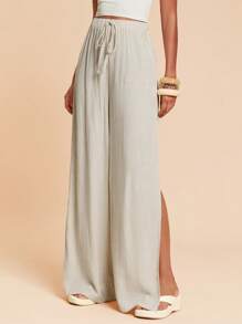 Travachic 繫腰帶開衩闊腿褲 - 卡其色 - 查看 5