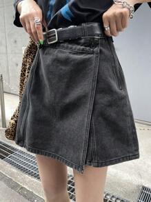 FRIFUL Women's Dark Gray Overlay Casual Versatile Denim Skort, For Airport Vacation Jorts - Dark Grey - View 4