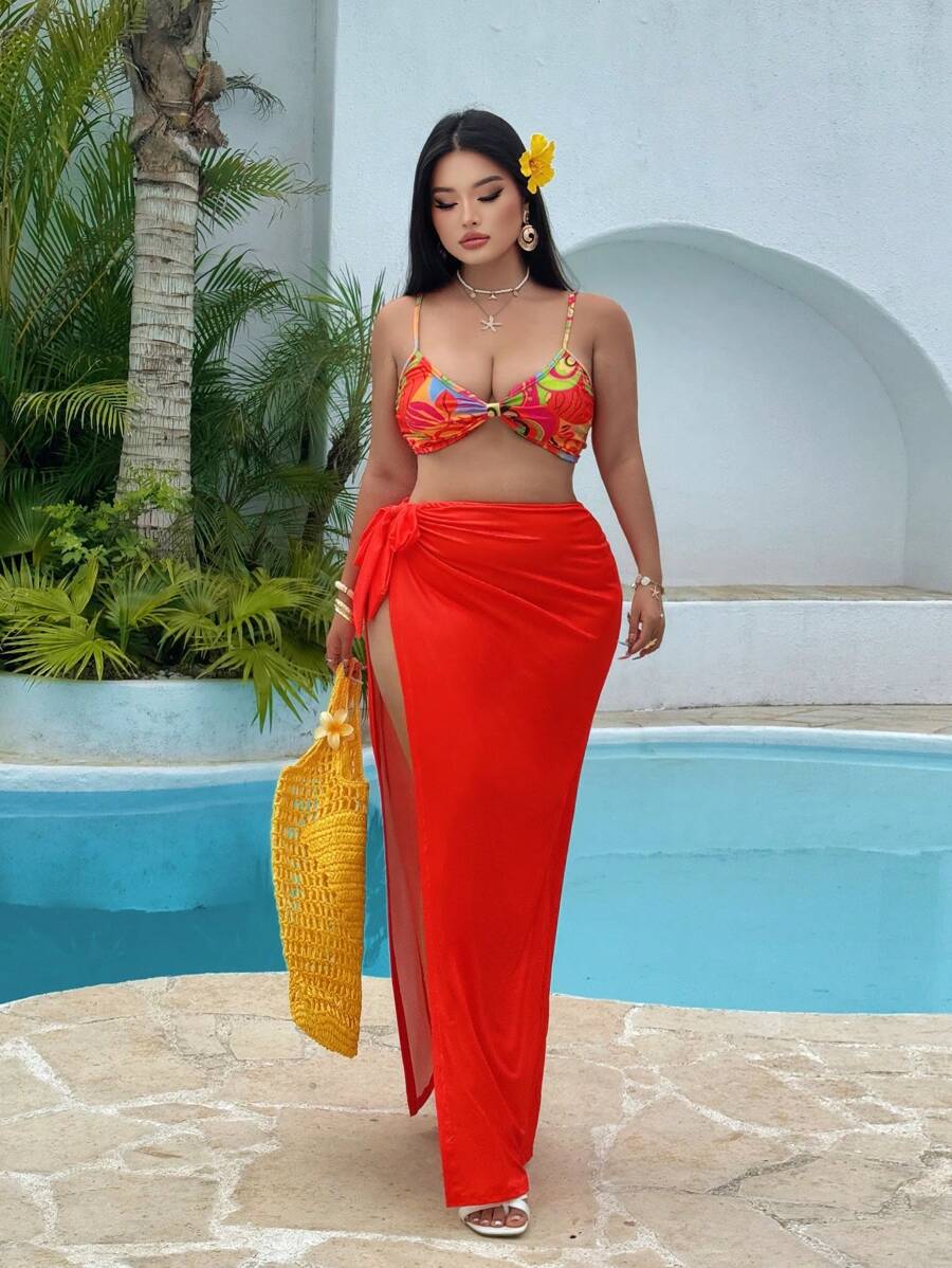 Flirla Plus Size Women 2pcs Set Summer Beach Tropical Print Bikini Top & Solid Color Tie Side Maxi Skirt, Suitable For Ladies Vacation