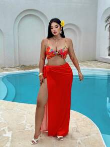 Flirla Plus Size Women 2pcs Set Summer Beach Tropical Print Bikini Top & Solid Color Tie Side Maxi Skirt, Suitable For Ladies Vacation
