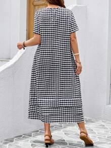 Rosumi 夏季大码女式格子圆领短袖休闲宽松连衣裙 - 黑與白 - 查看 2