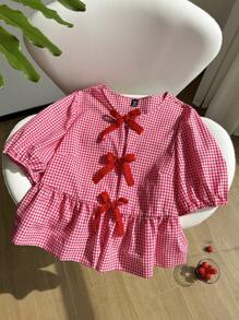 Comfortcana Plus Size Women's Summer Casual Plaid Printed Puff Sleeve Bowknot Peplum Top