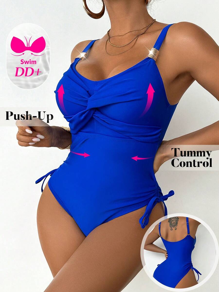 Swim DD+ 1pc Women Solid Color Twist Knot Drawstring Sleeveless One-Piece Swimwear For Summer Beach Vacation - Blue - View 1