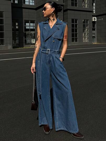 DAZY 西式纯色无袖腰带环双排扣翻领休闲夏季女式牛仔连体裤和工装裤