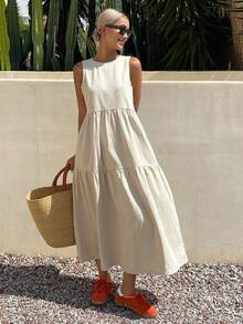 DAZY 新款春季度假牛仔连衣裙，适合女士/女孩夏季穿着，可作吊带裙 - 杏色 - 查看 5