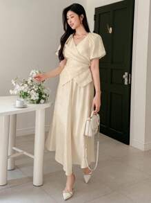 DAZY 女士优雅 V 领泡泡袖交叉衬衫和 A 字裙两件套，纯色，夏季 - 粉色 - 查看 5