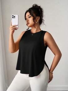 Elenzga 大码女式纯色圆领开衩下摆休闲度假外套背心 - 黑色 - 查看 4