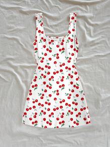 SHEIN WYWH Women's Casual U-Neck Backless Side Slit Fitted Mini Dress Suitable For Summer, Cherry Print Beach Wear Suitable For Going Out Chic Dress - Multicolor - View 2