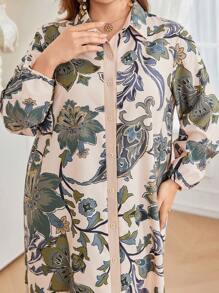 Lacomfia Elegant Vintage Floral Print Front Button Down Plus Size Dress - Olive Green - View 5