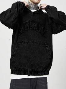 Manfinity EMRG Men's Black Washed Denim Hooded Jacket With Embroidered Design And Zipper Details