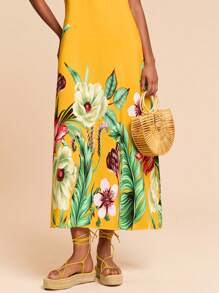 Travachic Tropical Print Slant Pocket Tank Dress - Yellow - View 3