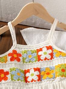 女童刺绣彩色饰边吊带连体裤，休闲日常可爱收腰连体裤，夏季必备 - 杏色 - 查看 4