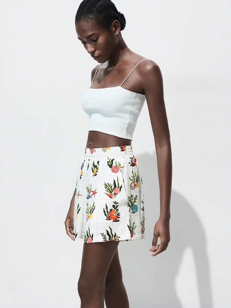 SHEIN Maija Women Shell Print Elastic Waist Loose Leg Shorts Summer Clothes Women Clothes Summer Outfits For Women Vacation Outfits Women Boho Clothes Women Micro Shorts Flowy Shorts Vacation Outfits Woman Beach Outfits For Woman