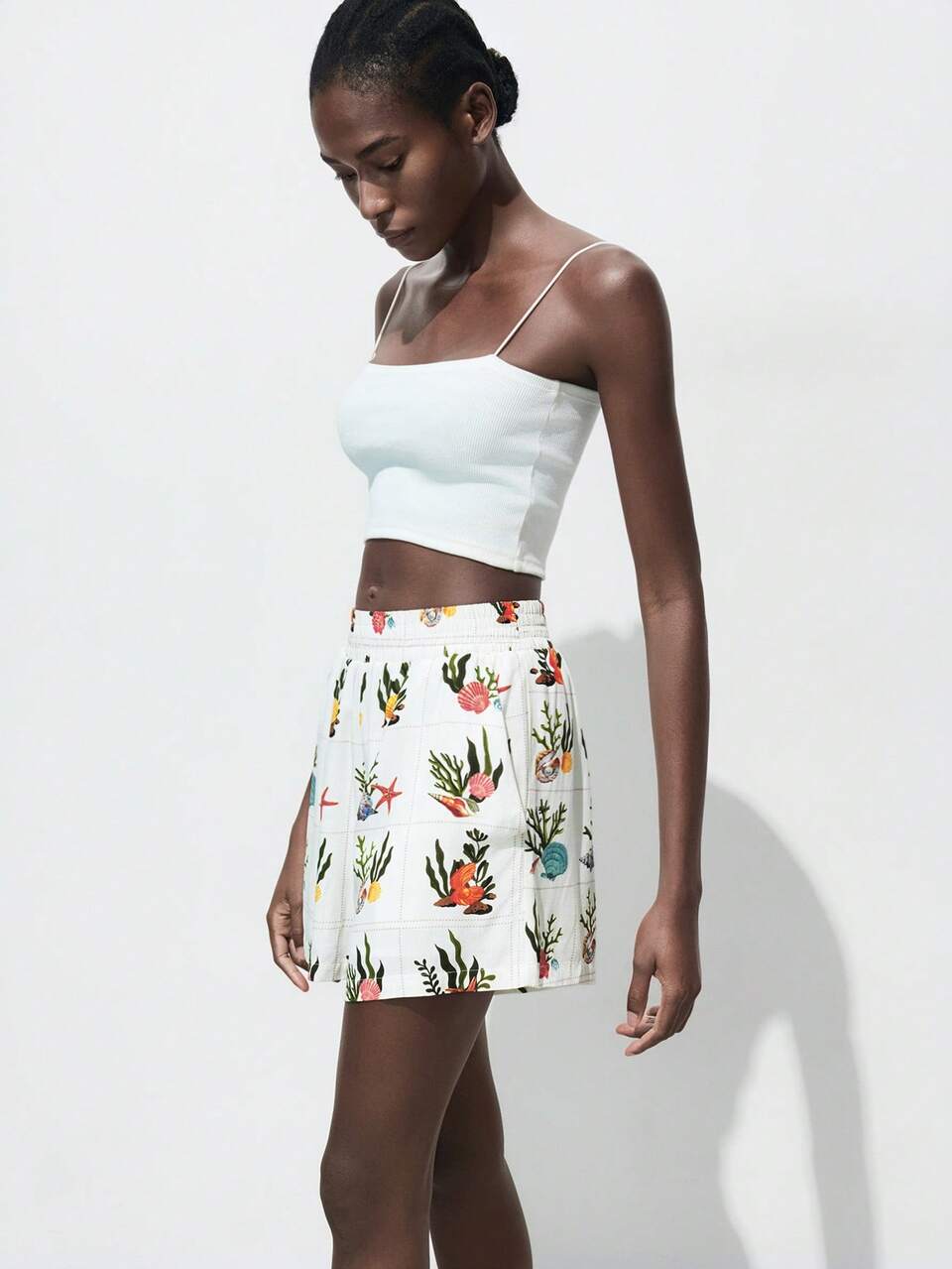 SHEIN Maija Women Shell Print Elastic Waist Loose Leg Shorts, Summer Vacation Boho Micro Flowy Shorts Vacation Beach
