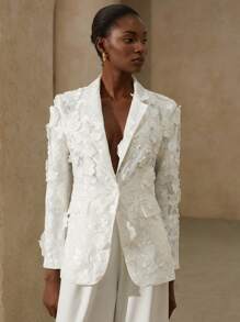 Aveloria Rosie Elegant Romantic Flower Embellished Long Sleeve Button Front Cardigan Jacket With Pockets For Women