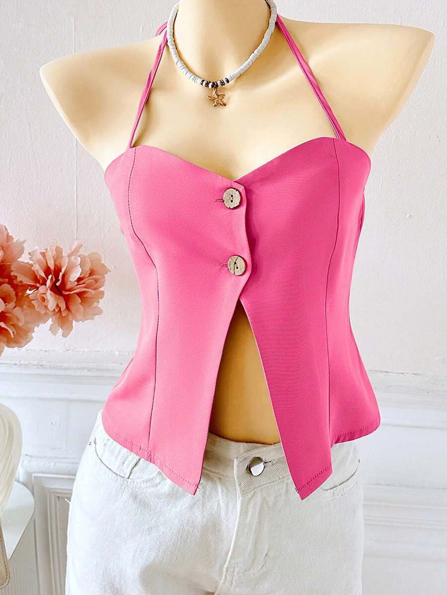 Women's Sexy Front Button Backless Halter Neck Top, Summer - Hot Pink - View 1