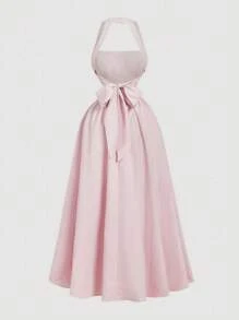 SHEIN MOD 方领露背蝴蝶结腰喇叭下摆浅粉色连衣裙 - 粉色 - 查看 2
