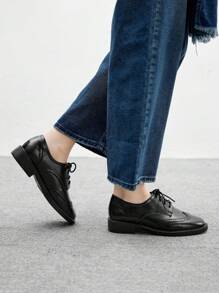 CUCCOO BIZCHIC 圆头黑色牛津鞋系带平底乐福鞋女士休闲工作鞋