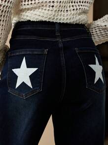 MISSGUIDED Wide Leg Star Pocket Jeans Retro 70s Style Denim Bottoms High Waisted Festival Western Flare Pants Fall Winter Fashion