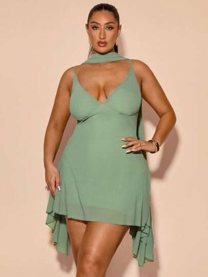 SHEIN BAE Summer Beach Vacation Plus Size Clothing Holiday Clothing Party Gathering, Dating Travel, Going Out, Music Festival Clothing, Concert Clothing, Country Music Festival Clothing,Summer Beach Vacation Elegant Solid Black Deep V-Neck Ribbon Mini Dress, Suitable For Daily Dating, Night Out, Nightclubs, Parties, Get-Togethers, Cocktail Parties, Holiday Jumpsuits, Pool Parties, Office Wear, Commuter Dresses