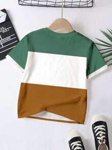 SHEIN Set de 4 camisetas de manga corta con cuello redondo y estampado de bloques de color clásico para bebé niño, apropiado para verano, para hermanos, exterior, campus