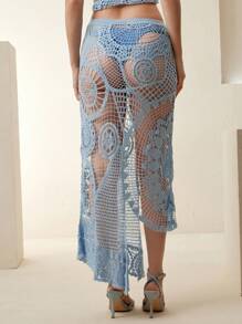 Anewsta 女士优雅不对称下摆镂空透视 A 字长裙泳衣罩衫，适合海滩、度假、春夏、节日、毕业典礼 - 藍色 - 查看 1