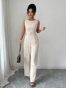 Selianne French Romantic One-Shoulder Sleeveless High Waist Belt Smooth Fabric Metal Buckle Decoration Wide Leg Straight Women Jumpsuit Women Summer Clothing Women Office Clothing Outing Clothing - Khaki - View 8