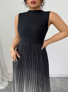 Elenzga 无袖高领褶饰渐变色花朵印花加大码连衣裙