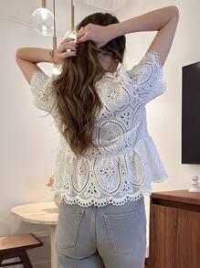 Pariaura Áo cánh thắt nơ không tay thêu xuyên thấu cho nữ - trắng - Xem 2