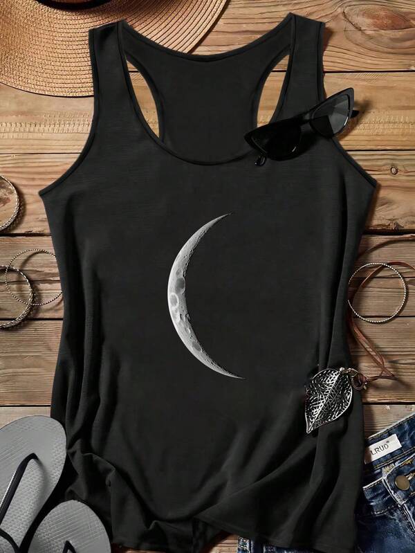 EMERY ROSE Casual Moon Pattern Overlapped Racerback Plus Size Round Neck Camisole Tank Top, Suitable For Summer Back To School