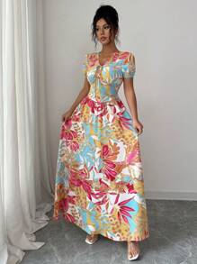 SHEIN ChicEase Váy bó eo họa tiết nhiệt đới thanh lịch dành cho nữ, phong cách nghỉ dưỡng - Nhiều màu - Xem 1