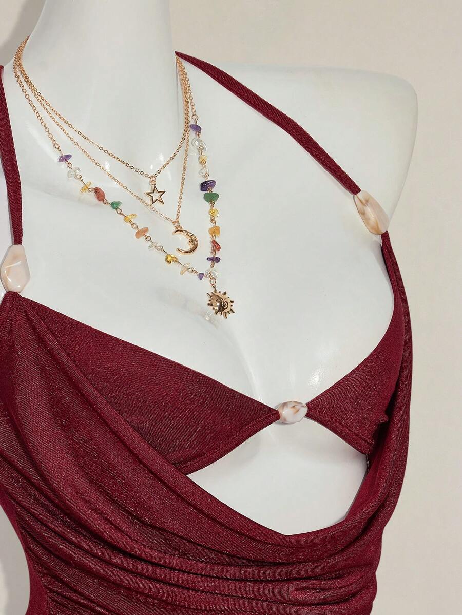 SHEIN ICON 女士休闲性感串珠装饰二合一上衣 - 酒紅色 - 查看 1