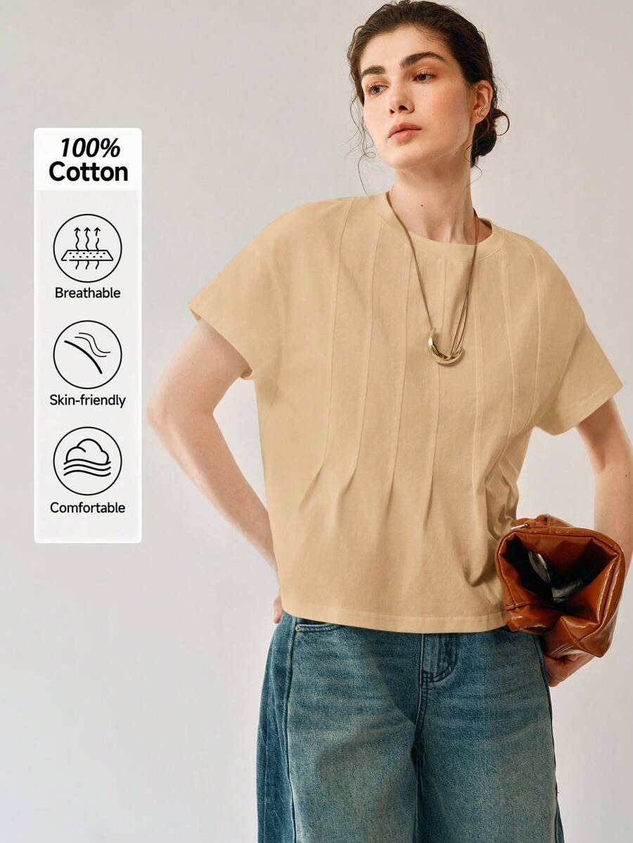 Uhlyne 女士休闲纯棉圆领短袖宽松T恤上衣，基础款，商务休闲，适合工作场合、办公室、教师等场合穿着。 - 杏色 - 查看 1