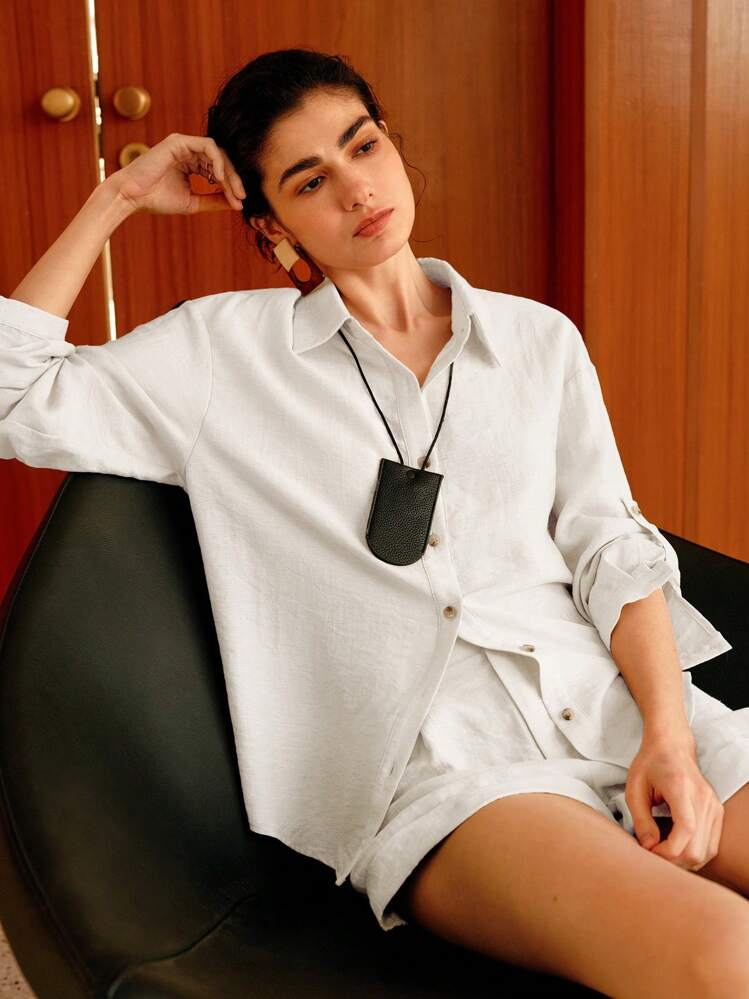 Uhlyne Uhlyne Fall Women Clothes Women's Spring And Summer Casual Daily Commuting White Linen Sleeves Open-Front Shirt Black Blouse,Business Casual,Work Wear Women,Office,Teacher - White - View 6